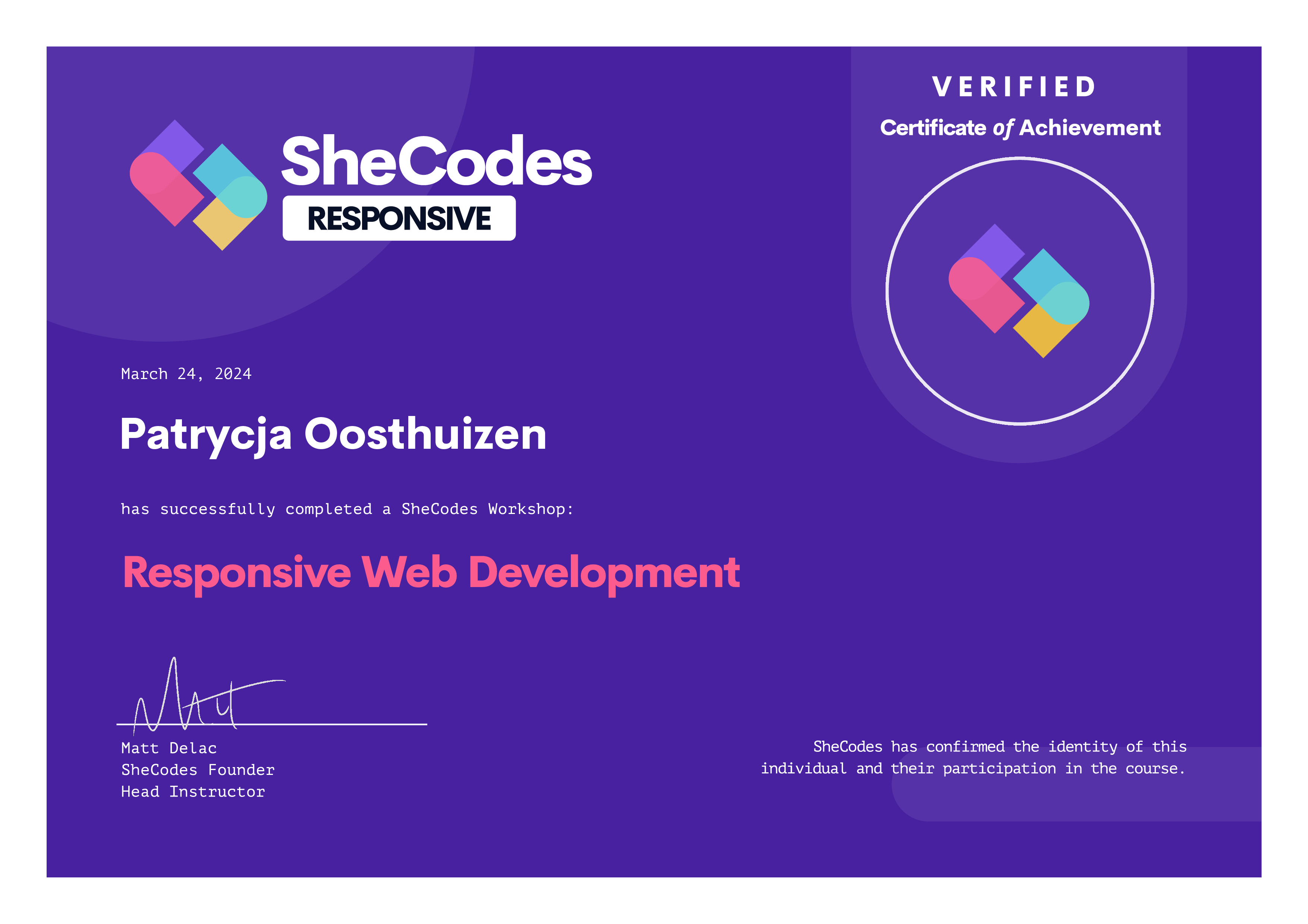 Patrycja's responsive certificate Patrycja's certificate